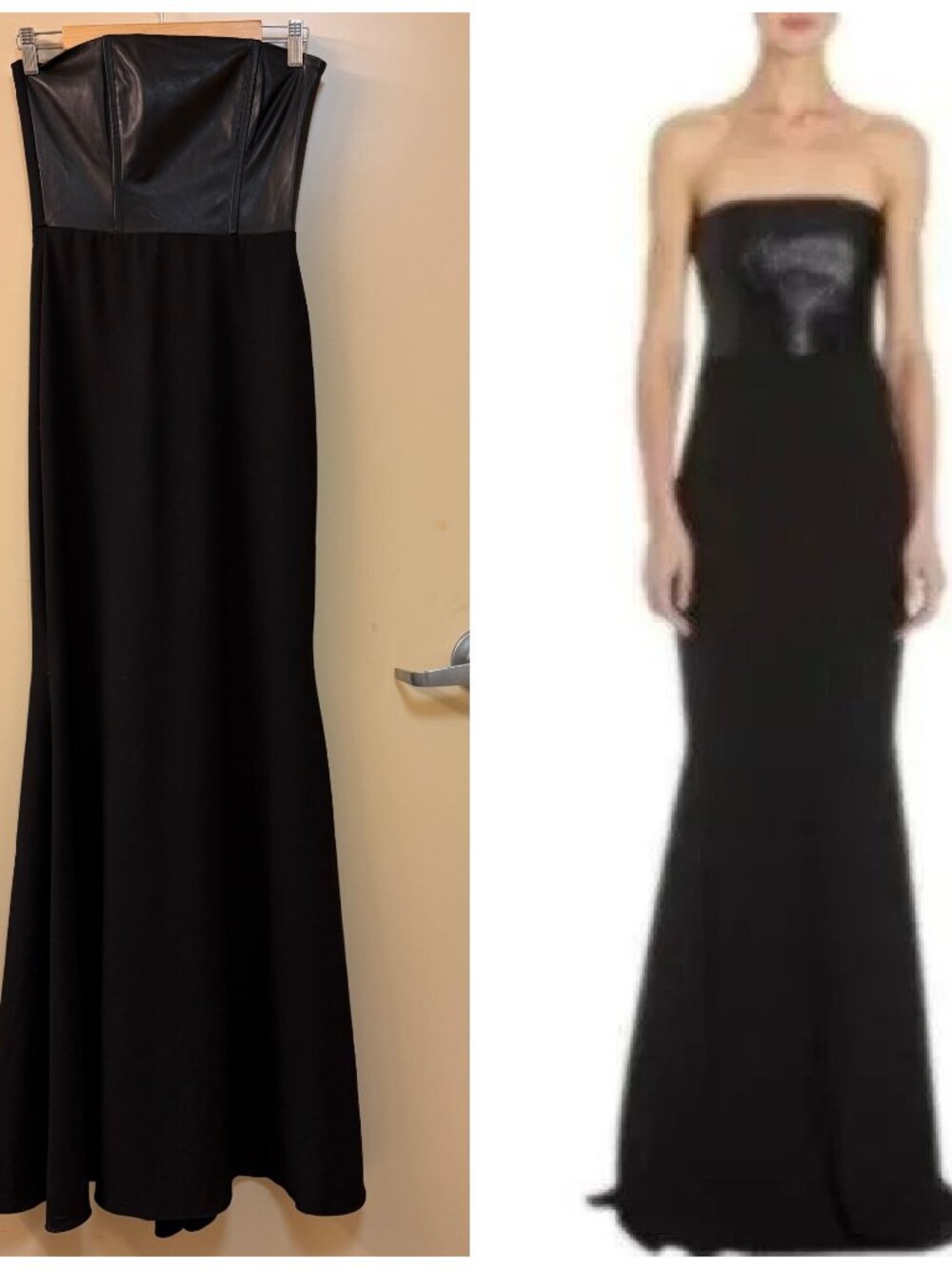 Michelle Mason Black Leather Dress Strapless Fitted Formal Gown Mermaid Maxi 0